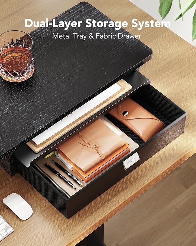 HUANUO Large Dual Monitor Stand with Drawer, Wood Monitor Stand Riser for 2 Monitors with Storage & Cable Management, Desktop Organizer up to 55" fit Monitor, Computer, TV, Printer