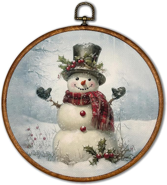 KSDUT Vintage Winter Wall Decor Art - Retro Snowman Snowy Wall Art Canvas Frame Hanging Prints, Christmas Holiday Landscape Round Wall Art Decor for Home Farmhouse Decorations 10"x10"