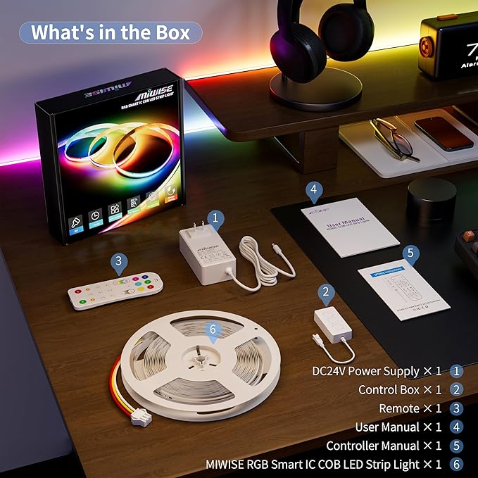 MIWISE RGB Smart IC COB LED Strip Light,32.8ft Color Chasing Flexible LED Tape Light,WS2811 Addressable RGB Strip with APP Control/Music Mode,Work with Alexa/Google,for Home DIY Lighting Projects