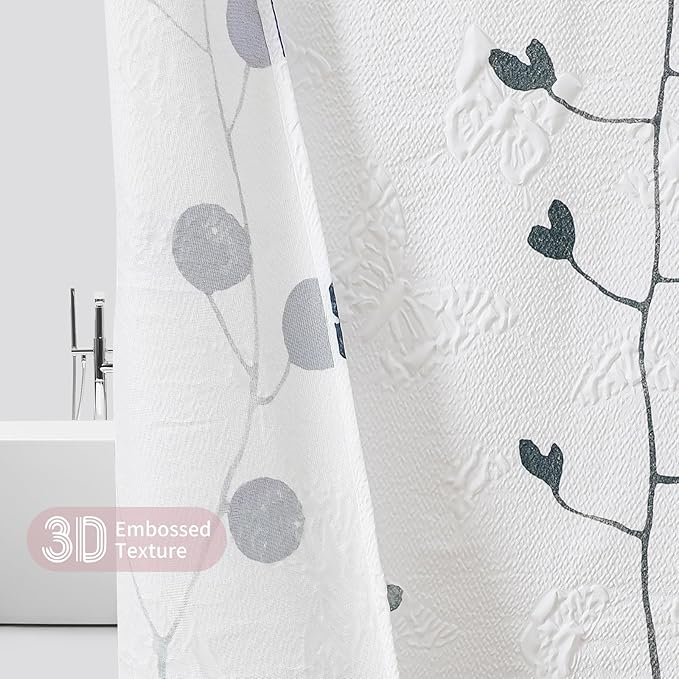QiyI Watercolor Floral Shower Curtain, 3D Embossed Butterflies Pink Blue Bathroom Curtain, Minimalist Farmhouse White Bath Curtain, Waterproof Fabric Flower Shower Curtain Set with Hooks, 72x72