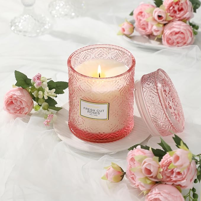 Rose Scented Candles, Mothers Day Candles Gifts for Women, Pink Luxury Large Decorative Candle in Glass, 19oz Natural Soy Wax for Home