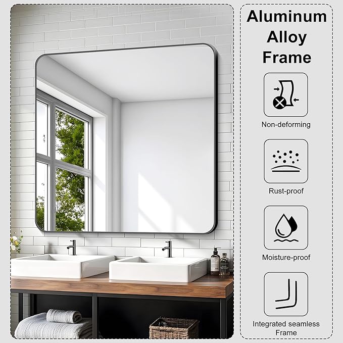 KOCUUY Black Bathroom Mirror 40"x40", Large Square Vanity Mirror with Rounded Corner, Metal Black Frame with Mordern Design for Bathroom, Living Room, Entryway, Hang Horizontal/Vertical