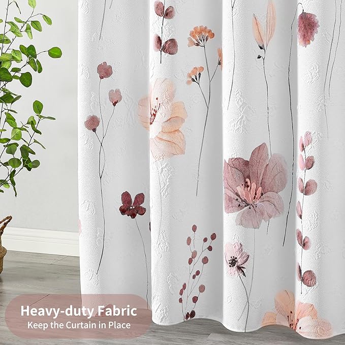 QiyI Watercolor Floral Shower Curtain, 3D Embossed Butterflies Pink Brown Flower Bathroom Curtain, Minimalist White Cloth Bath Curtain, Waterproof Fabric Textured Shower Curtain Set with Hooks, 72x72