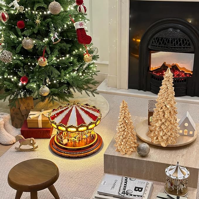 2Pcs Christmas Tree Decoration Figurines, Christmas Tree Statues Glittered Resin Desktop Mini Small Tabletop Ornaments Holiday Fireplace Home Decor Gifts (Glod)