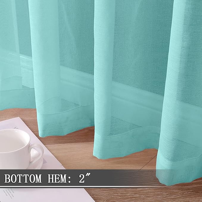Tollpiz Sheer Tier Curtain Linen Textured Half Kitchen Curtains Sheer Light Filtering Rod Pocket Voile Small Curtains for Bathroom, 25 x 36 inches Long, Crystal Blue, Set of 2 Panels