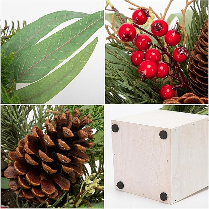 DILATATA Christmas Centerpieces 8 Inch Artificial Christmas Plant in Square Wooden Pot Tabletop Pine Plants with Red Berries Pine Cones Eucalyptus for Winter Holiday Party Fireplace Mantel Xmas Decor