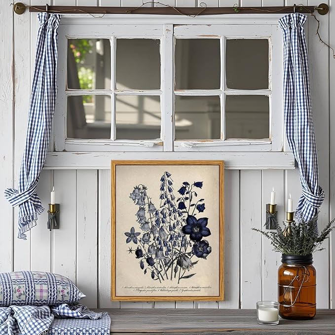 VIYYIEA Vintage Framed Botanical Wall Art Decor, Living Room Bedroom Blue Campanula Pictures Retro Wall Decor, Framed Canvas Prints Artwork, Farmhouse Flower Paintings,8x10 Inch