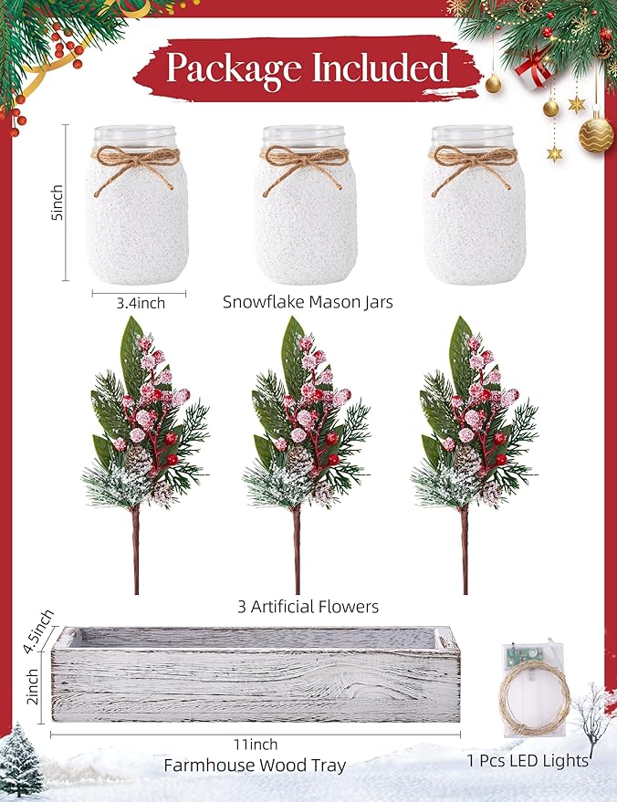 Christmas Centerpieces for Tables, Table Decor with Mason Jar, Flowers Picks, Farmhouse Wood Tray, Christmas Winter Table Decorations Centerpieces, Xmas Holiday, Kitchen, Room, Dining Decor
