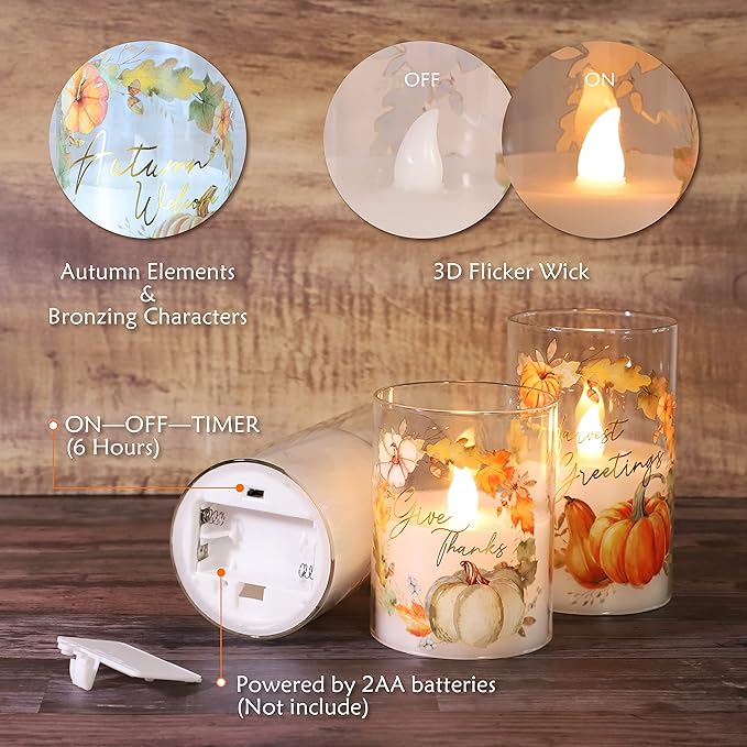 Fall Flameless LED Candles with Remote Timer Set of 3 Warm Lights DIM Home Decor Battery Operated Pumpkin Maple Leaves Painting Harvest Ornament Autumn Thanksgiving