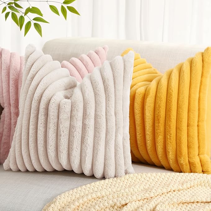 decorUhome Faux Fur Throw Pillow Covers 24x24 Set of 2, Decorative Soft Plush Striped Neutral Couch Euro Pillow Covers with Velvet Back for Sofa, Bed, Living Room Home Decor, Beige