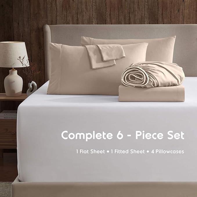 Nestl Extra Deep Full Sheet Set - 6 Piece Breathable & Cooling Sheets - Hotel Luxury Bedding Set w/18-24 Inch Deep Pockets - Easy & Secure Fit - Super Soft, Wrinkle Free & Comfy - Taupe Sand
