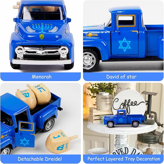 CRCZK Hanukkah Home Decor - Mini Metal Truck with Wood Dreidel - Festive Jewish Holiday Tabletop Decor, Gift for Kids