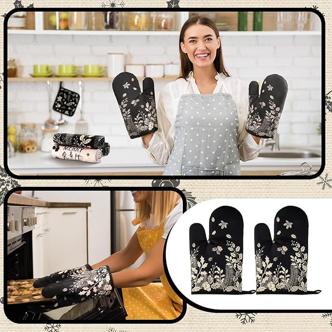10 Pcs Christmas Kitchen Decor Set Kitchen Towels and Rugs Oven Mitts Pot Holders Absorbent Towels for Baking Cooking BBQ Gifts Home Decor(Black and Gray,Pine and Holly)