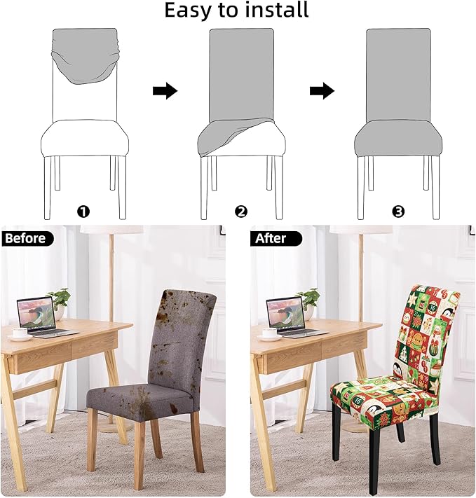 Christmas Chair Covers for Dining Chairs, Dining Room Chair Covers Set of 6, Stretch Parsons Chair Slipcovers, Removable Washable kitchen Chair Cover for Home Hotel Banquet Holiday Decoration