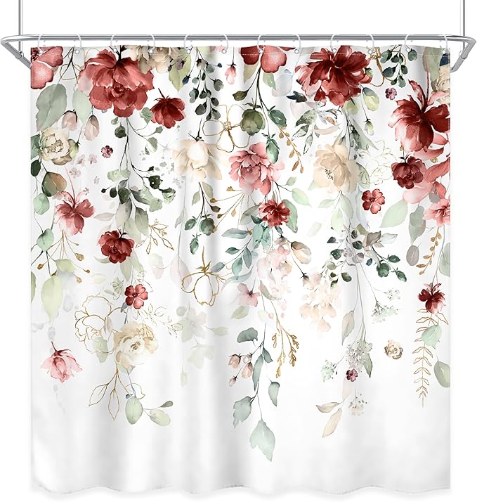 Red Floral Shower Curtain 72Wx72L Inch Burgundy Flower Rustic Watercolor Plant Green Eucalyptus Leaf Wildflower Botanical Bathroom Set Spring Pretty Bath Curtain Bathtub Accessories Home Decor