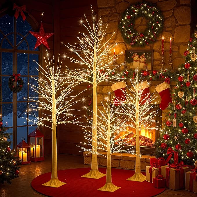 Baquler 4 Pack Lighted Birch Tree - Artificial LED Warm-White Light Birch Tree Decoration for Christmas Holiday Party Wedding Festival Decor, Indoor & Outdoor (4 5 6 8 ft)