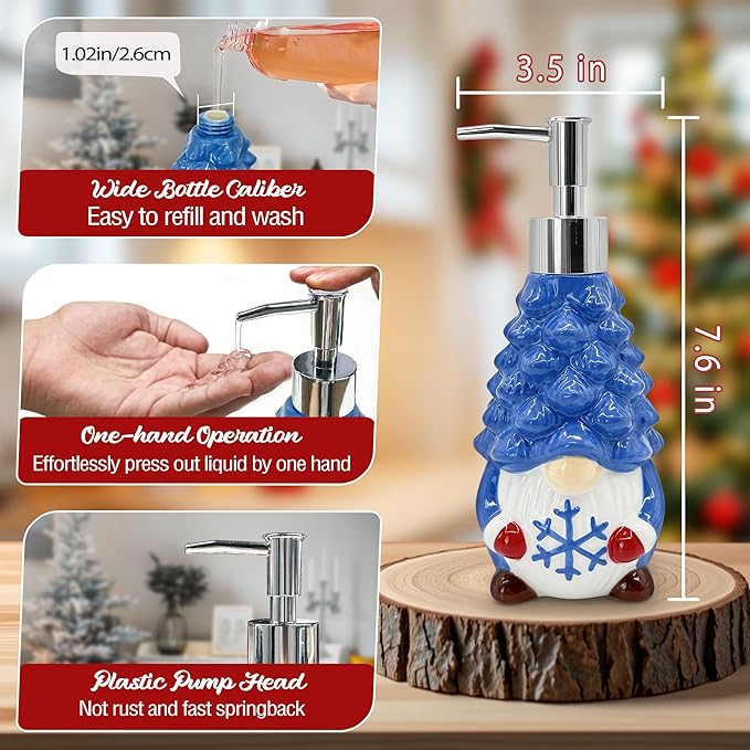 Hexagram Christmas Soap Dispenser, Christmas Kitchen Bathroom Decor, Xmas Blue Gnome Ceramic Soap Dispenser for Home Indoor Decorations, Xmas Refillable Lotion Essential Oil Dispensers with Pump