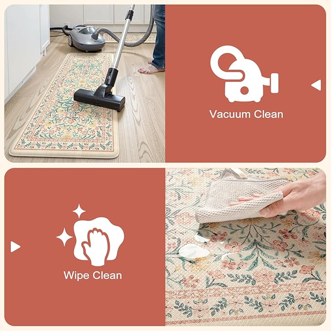Collive Kitchen Mats for Floor, Cushioned Anti Fatigue Mat Non Skid Waterproof Kitchen Rugs Set of 2, Modern Floral Comfort Standing Rug for Home, Office, Sink, Laundry, 17"x29"+17"x47", Pink