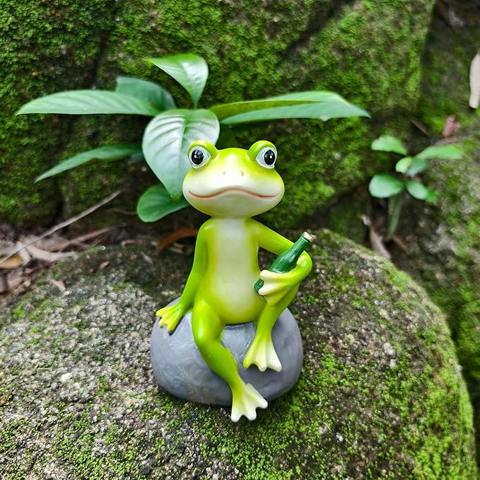 Frog Figurine Garden Decor for Outside, Frogs Statue Plant Decorations for Pots, Fairy Garden Figurines for Lawn Ornaments, Yard Decorations Outdoor, Frog Gifts for Women (1, Stone Frog)