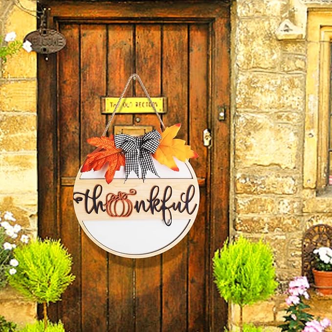 Thanksgiving Wood Sign for Front Door,Thankful Fall Door Hanging Decor,Thanksgiving Decorations Autumn Wooden Wall Decor for Thanksgiving Fall Harvest Home Farmhouse Outdoor Indoor(Maple Leaf wreath)