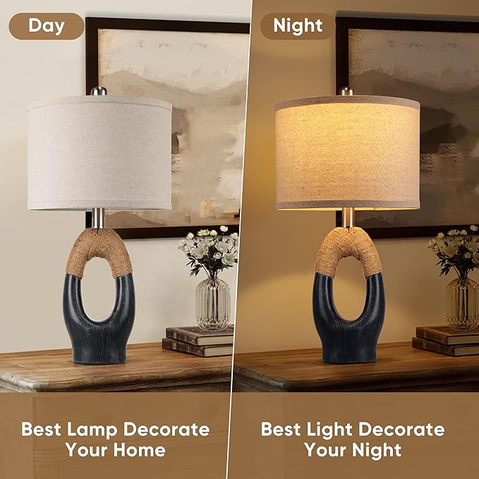 Set of 2 Boho Rattan Table Lamps,21" Farmhouse Rope Lamps for Bedroom Night Stands,Blue Bedside Lamps with Linen Shades for Living Room Coastal Beach Decor(Bulbs Not Included)