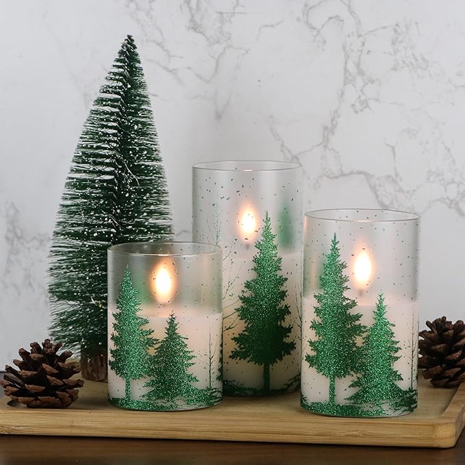 DRomance Christmas Tree Glass Flameless Candles with Remote Timer Battery Operated Real Wax 3D Wick LED Flickering Pillar Candles Christmas Holiday Decor(Green, 3 x 4,5,6 Inch)