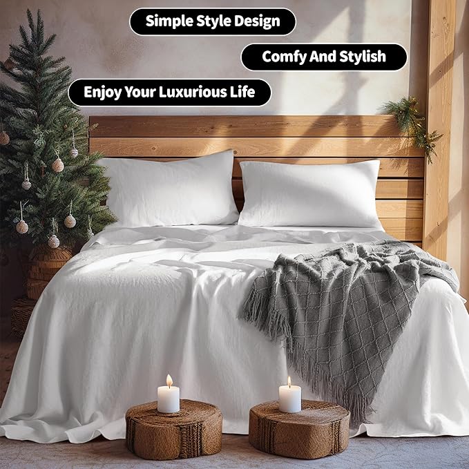 LBRO2M 100% Linen Sheet Set 19" Deep Pocket California King Size,Bed Sheets 4 Piece Sets,Solid Color Natural Flax Bed Sheets Soft Breathable Bedding,All Season (Clifornia King, White)