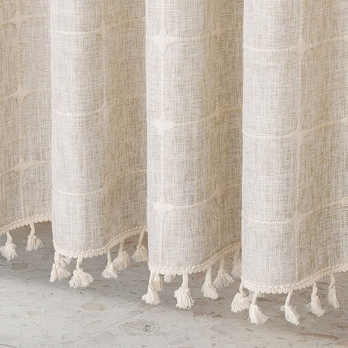 MitoVilla Grey Shower Curtain Set 72 x 78, Boho Farmhouse 78 inch Long Polyester Linen Tassel Ultra Thick Heavy Duty Fabric Shower Curtains for Chic Cottagecore French Rustic Bathroom Decor