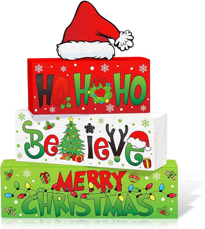 4 Pcs Christmas Table Decor Wooden Hohoho Decoration Red White Green Christmas Tiered Tray Decor Xmas Table Centerpiece Rustic Decorative Santa Hat Block Signs Gift Farmhouse for Home Kitchen