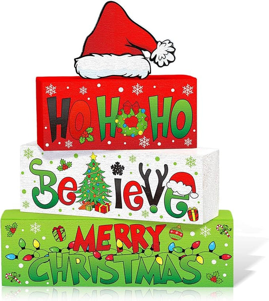 4 Pcs Christmas Table Decor Wooden Hohoho Decoration Red White Green Christmas Tiered Tray Decor Xmas Table Centerpiece Rustic Decorative Santa Hat Block Signs Gift Farmhouse for Home Kitchen