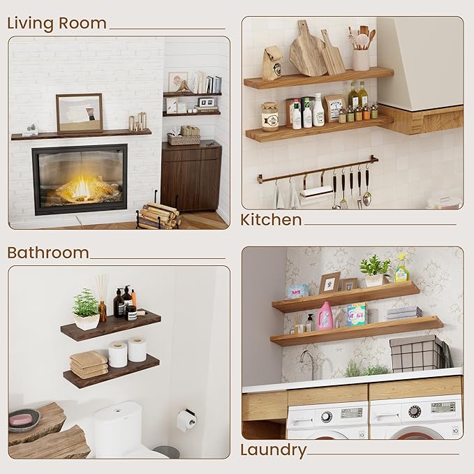 Floating Shelves for Wall Decor, 8 Inch Deep Rustic Solid Elm Wood Floating Shelves Wall Mounted, Wall Shelves with Invisible Bracket for Living Room Bathroom Bedroom Kitchen, 36 Inch Set of 2, Walnut