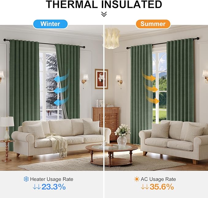 100% Blackout Curtains for Bedroom, Thermal Insulated Curtains 63 Inch Length Curtain 2 Panels, Luxury Soft Farmhouse Linen Textured Full Light Blocking Room Darkening Drapes, W52xL63, Olive