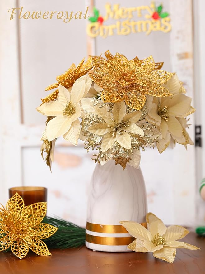 Floweroyal 60pcs Poinsettia Artificial Christmas Flowers Decorations with Clips and Berry Stems Glitter Ornaments for Christmas Tree Wreath Fireplace Stairs Decor (Gold-3 Styles)