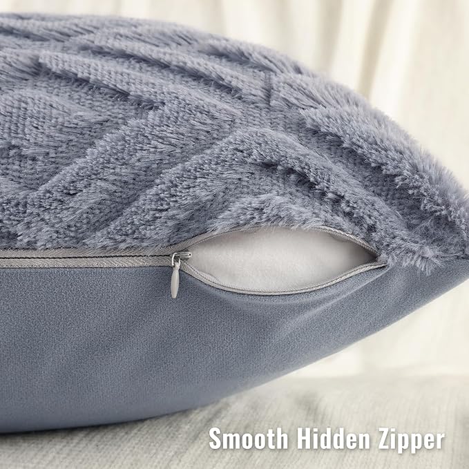 decorUhome Couch Throw Pillow Covers 12x20 Set of 2, Decorative Soft Plush Faux Wool Lumbar Neutral Accent Pillow Covers for Bed Sofa Living Room, Blue Grey