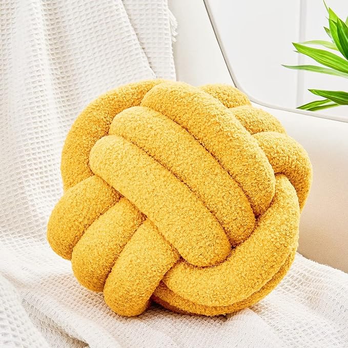Uvvyui Knot Pillow Ball, Soft Home Decorative Pillows, Round Throw Pillow, Handmade Knotted Plush Pillow, Round Boucle Pillow Cushion (14 Inches Dark Yellow)