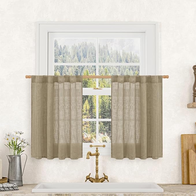 LAMIT 36 Inch Length Linen Curtains for Small Windows, Semi Sheer Light Filtering Panels Back Tab and Rod Pocket Country Decor Drapes for Basement/Kitchen, Taupe, 2 Panels, 34 x 36 Inch