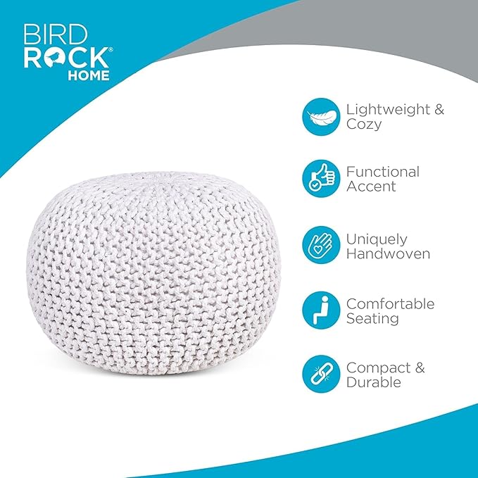 BIRDROCK HOME Round Pouf Ottoman | Cotton Braided Foot Stool with Bean Bag Filling | Boho Foot Rest for Living Room & Bedroom | Compact & Comfortable Seating, Lightweight & Soft | Ivory