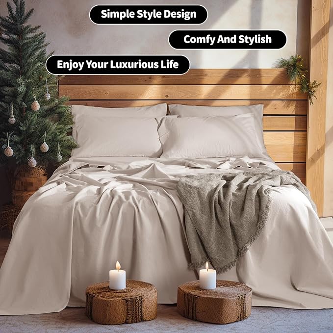 LBRO2M 100% Linen Sheet Set King Size, Bed Sheets 6 Piece Sets,Solid Color Natural Flax Bed Sheets Soft Breathable Bedding,16" Deep Pocket,All Season (King, Linen)
