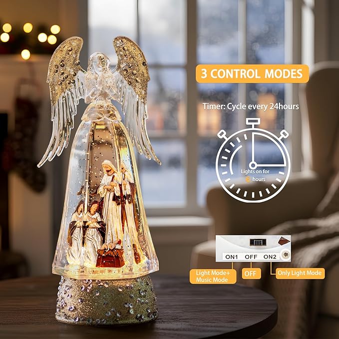 Christmas Snow Globe Lantern Water Glittering Angel & Nativity with Music & Timer, USB Lined/Battery Operated Lighted Lantern for Christmas Festival Decoration Gifts