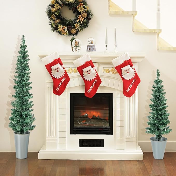 GOFLAME Set of 3 Potted Christmas Tree, 3’ 4’ 5’ Slim Pencil Trees with 120, 140, 160 Branch Tips & Cement-Filled Metal Bases, Artificial Entrance Xmas Trees for Porch, Front Door, Entryway