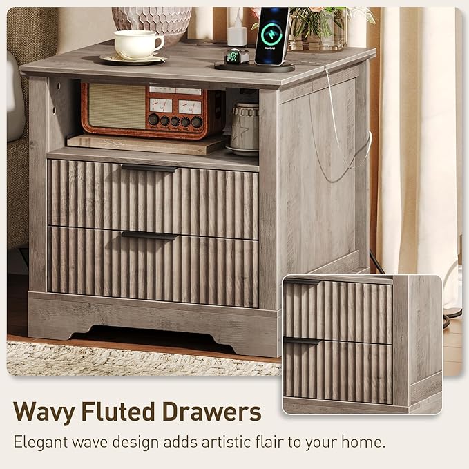 Fluted Nightstand Set of 2, 24'' Sofa Side Table with 2 Drawers, Farmhouse Bedside Table with Storage, Large End Table for Bedroom, Living Room, Greige