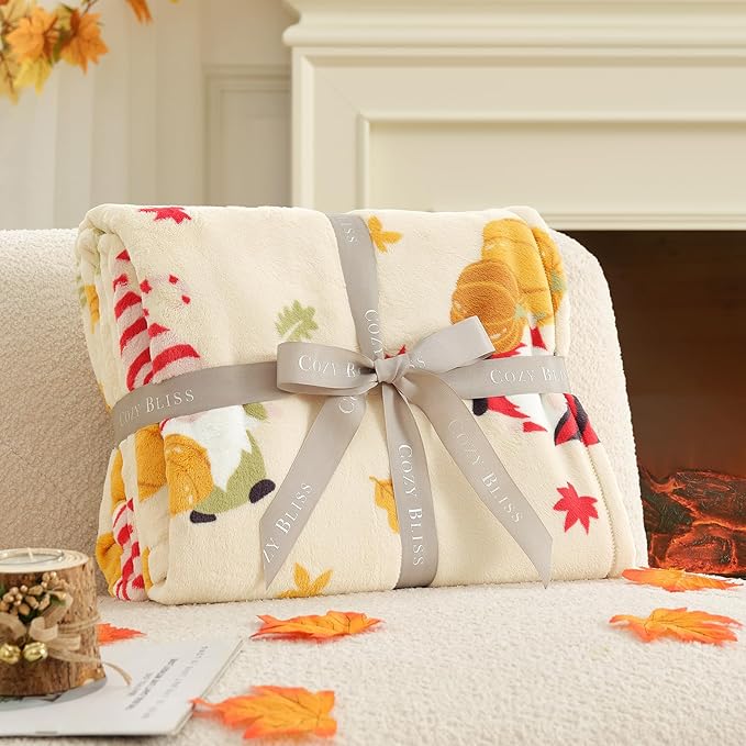 Cozy Bliss Gnome Fall Blankets Harvest Pumpkin Maple Twin Size Blanket - Warm MilkyPlush™ Blankets Ultra Soft Warm Cozy Blanket for Bed,Beige,60X80inches