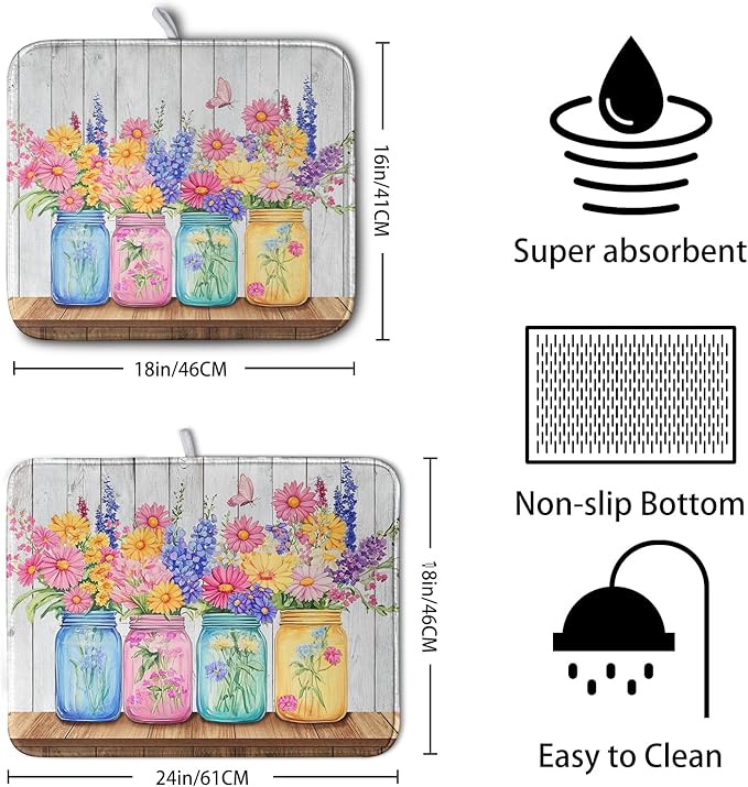 Daisy Dish Drying Mat for Kitchen Counter Spring Summer Flowers Vases Dishes Pad Microfiber Absorbent Dish Draining Mats Rustic Farmhouse Floral Wooden Board Dish Drainer Rack Mat 18x24 Inch
