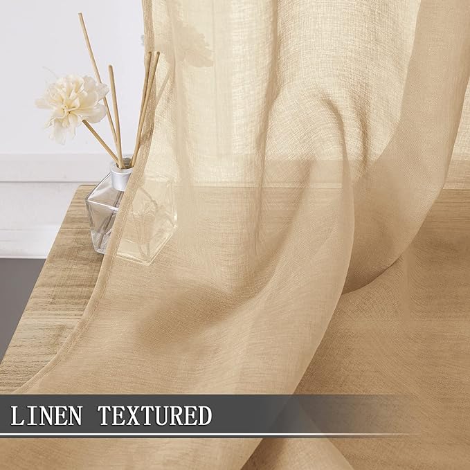 Tollpiz Short Sheer Curtains Living Room Linen Textured Curtain Sheers Light Filtering Voile Rod Pocket Curtains for Bedroom, 38 x 45 inches Long, Beige, Set of 2 Panels