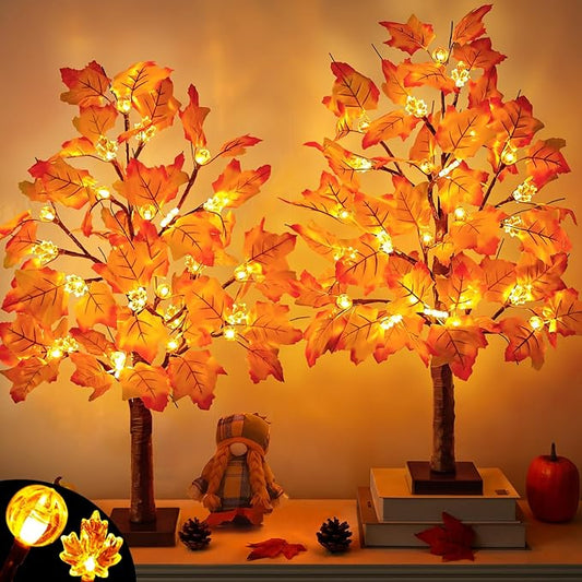 2 Pack 24 Inch Lighted Fall Maple Tree for Fall Decorations with 48 LED Timer Battery Operated Artificial Fall Light up Trees for Home Indoor Outdoor Autumn Harvest Thanksgiving Table Decor