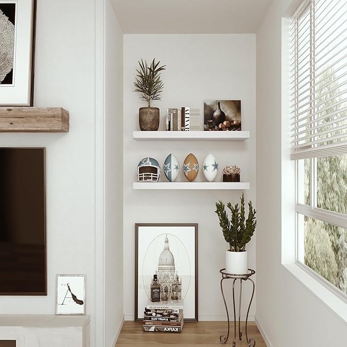 Vivelove Floating Shelves for Wall 24 inchs Long, 9.1” deep x 1.6” Wall Shelf for Bedroom, Bathroom, Living Room, Kitchen, Office Home Decor, Deep Wood Shelves with Invisible Brackets, Set of 2 White