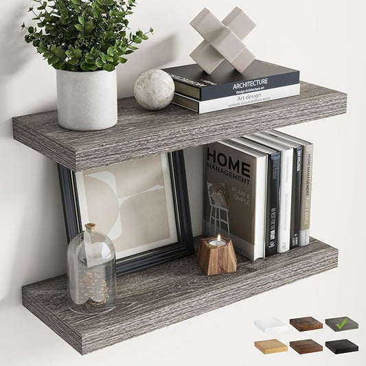 24 Inch Floating Shelves for Wall Set of 2, 8"D Wood Grain Bathroom Shelves with Invisible Brackets, Easy Install Engineered Wood Storage Shelves for Kitchen, Living Room, Bedroom, Grey Oak Finish