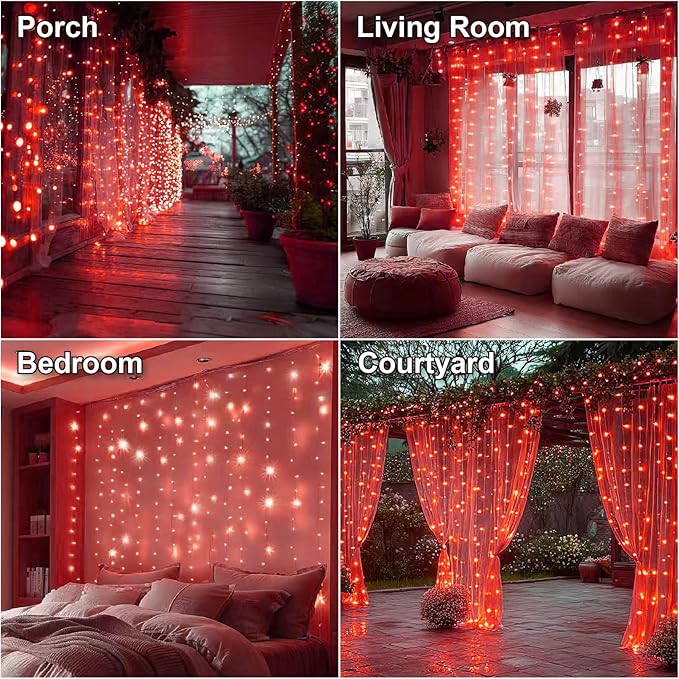 HXWEIYE 300LED Fairy Curtain Lights, 9.8x9.8Ft Red USB Plug in 8 Modes Timer Christmas String Hanging Lights with Remote for Bedroom Backdrop Wedding Party Home Wall Garden Outdoor Indoor Decor