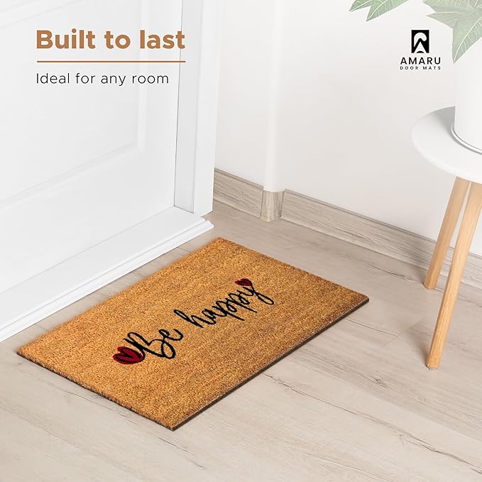 Be Happy - 17"x29" - Coir Door Mat with Heavy Duty Backing - Welcome Mats for Entryway, Porch - Anti-Slip PVC & Coconut Fiber Surface - Natural Home Accessories, Minimalist Original Design
