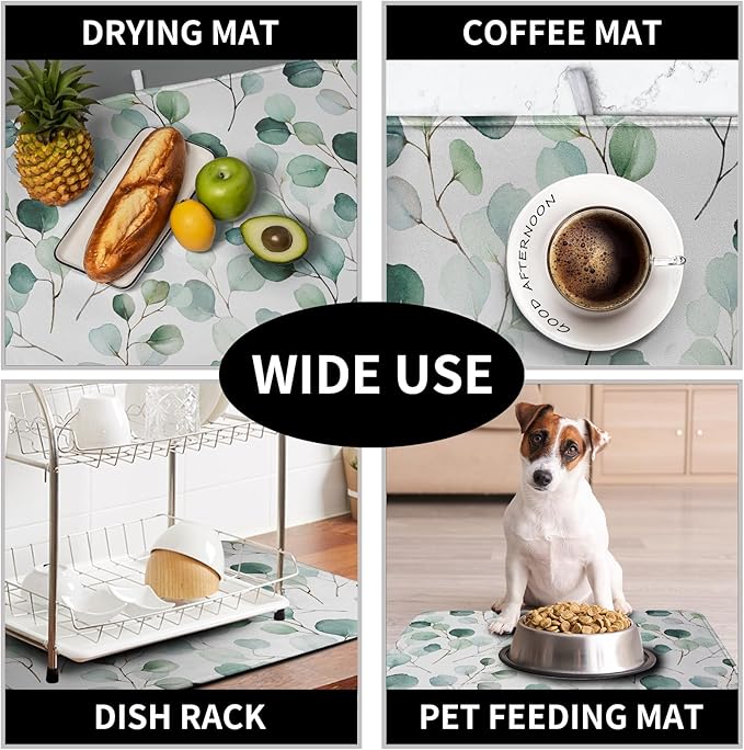 Green Leaves Dish Drying Mat Eucalyptus Leaf Branch Plant Drying Mats Absorbent Reversible Microfiber Kitchen Counter Mat Reusable Washable Dishes Drainer Mats Extra Large 18x24 Inch